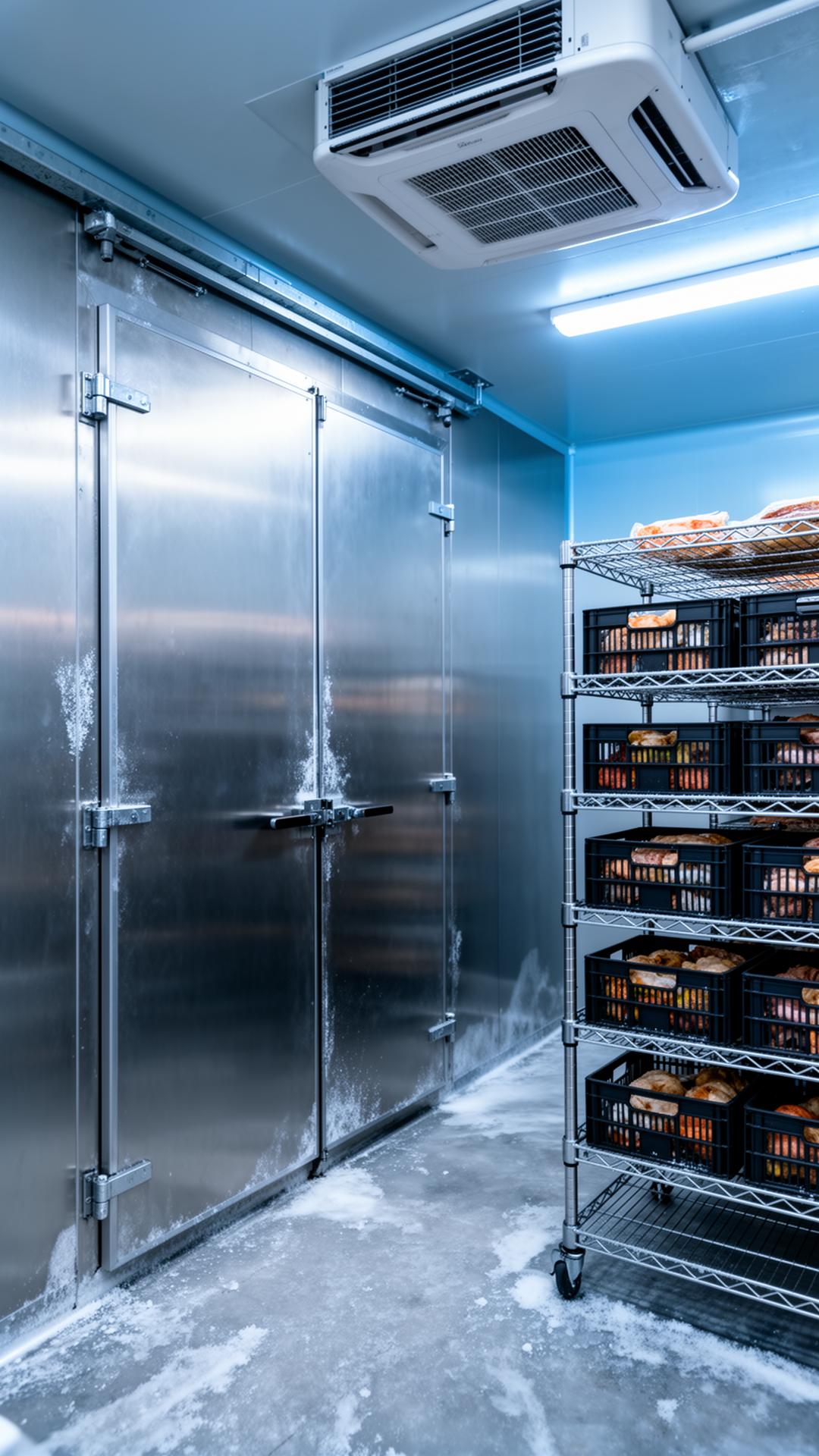 Câmara fria comercial com portas de inox e prateleiras refrigeradas - Silvatec Refrigeração
